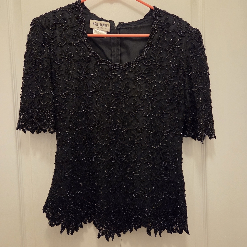BRILLIANTE women's size S SMALL beaded black blouse top beads 100% Rayon